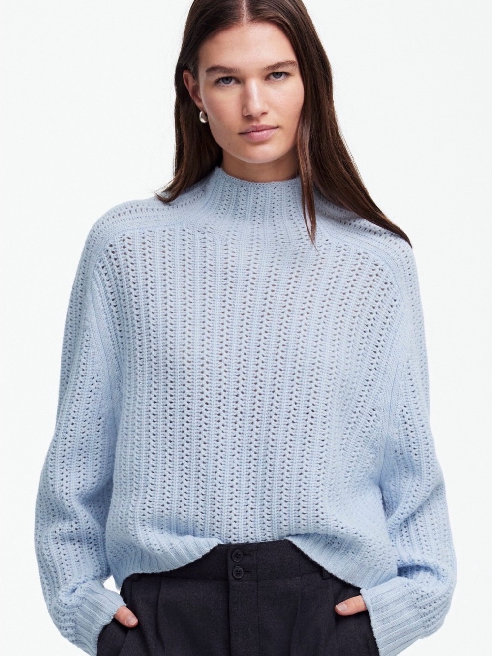 Madewell Pale Blue Open-Knit Mock Neck Sweater